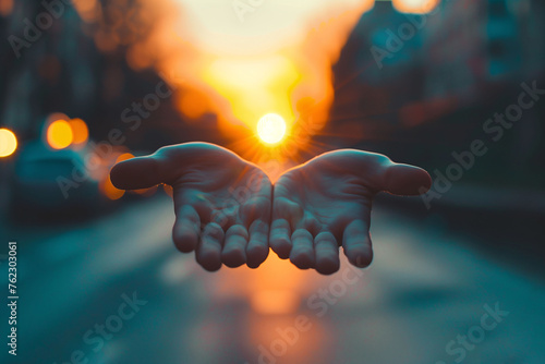 A person's hands open to the sky, with their palms facing upwards towards the setting sun in an urban street background.