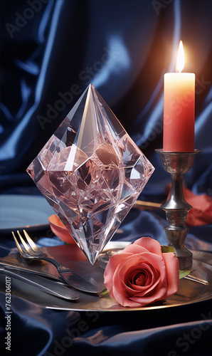 Pink crystal and rose with candle on silver plate with blue background