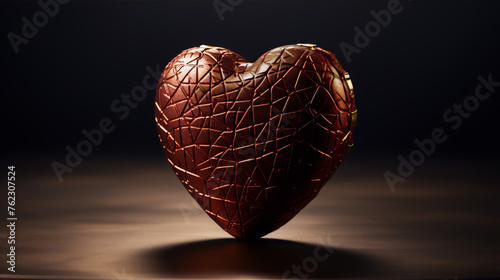 3D illustration of a shiny red heart with a golden hinge on a brown surface against a dark background.
