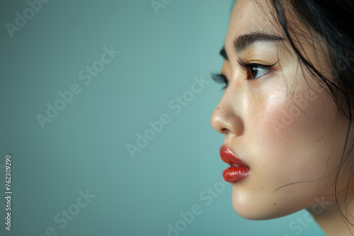 jeune femme brune d'origine asiatique en gros plan de profil sur fond uni, espace pour texte