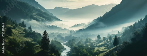 Misty Dawn Over Peaceful Mountain Valley
