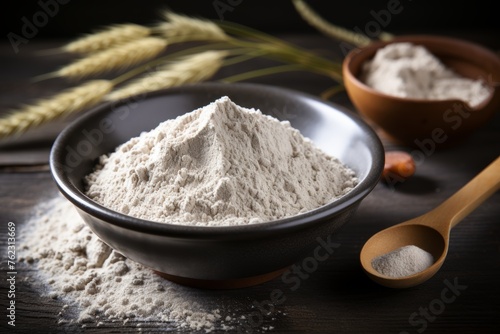 Buckwheat flour bowl on modern kitchen table inspiring healthy gluten free recipes