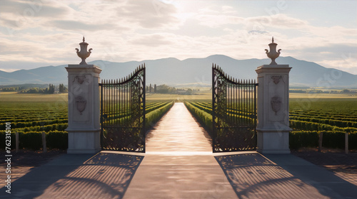 Wrought iron gates open to a long path through a lush vineyard with mountains in the distance