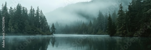 Misty Forest Lake Scene in Serene Wilderness