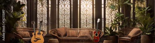 Two acoustic guitars in a living room with plants and sunlight