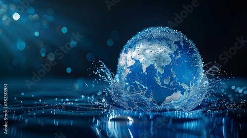 Water droplets forming the shape of continents on a globe, emphasizing the interconnectedness of water resources worldwide, Global water awareness concept