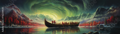 Fantasy landscape painting of a boat on a lake with aurora borealis in the sky and mountains in the background.