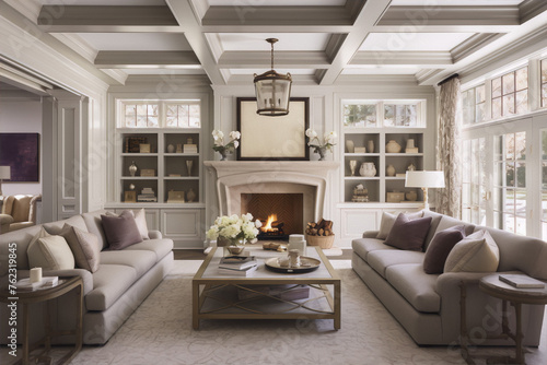 Elegant living room with fireplace, bookshelves, and neutral furnishings in traditional style
