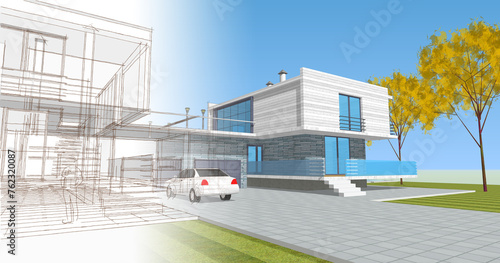 modern modular house 3d illustration