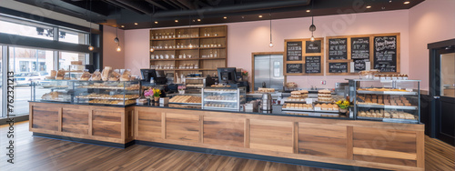 Pink and brown bakery interior with large wooden counter and display cases full of pastries and baked goods.