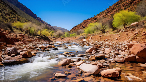 A river flows through a canyon with red rocks and green trees under a blue sky.