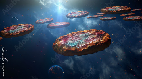 Pizza planets with pepperoni, sausage and cheese toppings floating in outer space.