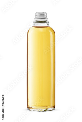 Transparent glass bottle filled with yellow liquid cream soda soft drink isolated. Transparent PNG image.