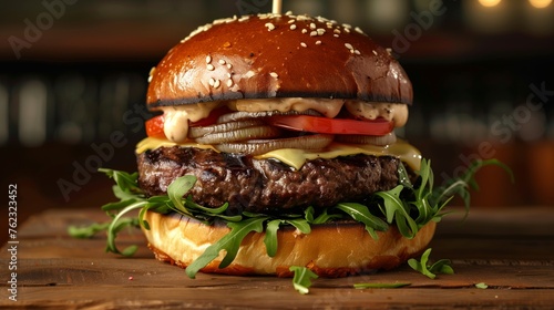 Gourmet Burger: Photograph of a gourmet burger with premium ingredients like Wagyu beef, artisanal cheese, arugula, caramelized onions, and truffle aioli