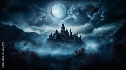 Misty hills surrounding ancient castle under dazzling night sky, mystical and alluring concept, banner