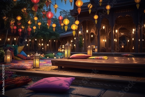 Pillows and colorful lanterns in a beautiful courtyard with intricate architecture.