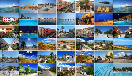 Collage with sea summer resort views - sunny hotels, beach of Calabria, Italy