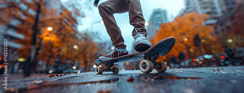 Wide closeup photo from below, an active skateboarder performing at a middle of park, action in the air with jeans and sneakers shoes 
