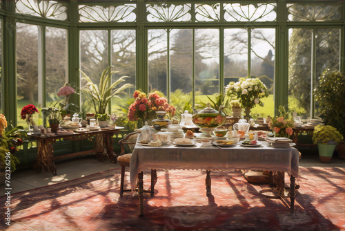An elegant table set for afternoon tea in a beautiful sunlit conservatory with a view of the garden.