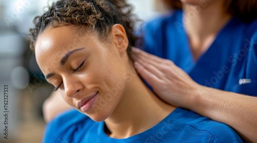 Dynamic view of a physiotherapy treatment, with a therapist applying a neck adjustment technique
