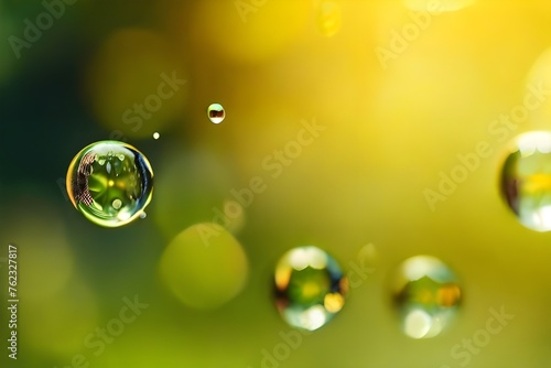 Slow motion of the abstract air bubbles on sunny yellow green sunny nature bokeh background. Generative AI,