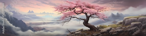 Amidst the solitude of a rocky high cliff, a solitary cherry blossom tree stands tall and proud. 