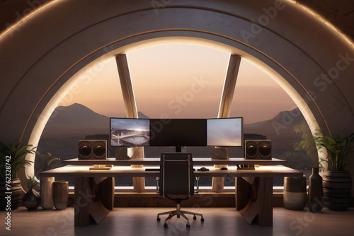 Futuristic home office interior with panoramic window, plants, and large desk with multiple monitors and speakers.