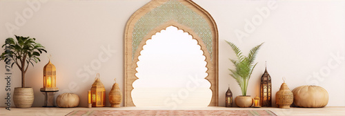 arabic style interior with intricate wooden carved door and traditional moroccan lantern lamps