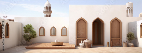 3d illustration of a middle eastern courtyard with a wooden deck, plants, and traditional arabic architecture