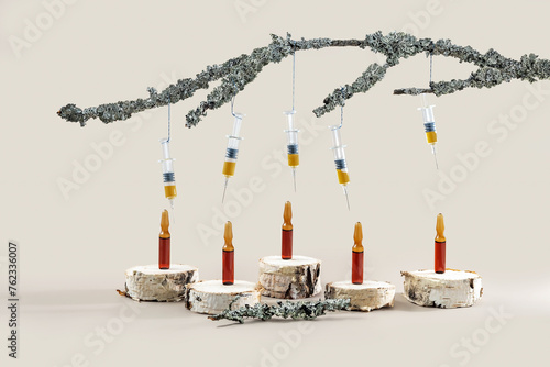 ampoules on a podium made of wooden sections and syringes on a branch with lichens on a beige background