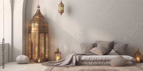 3d rendering, interior of a luxury arabic living room with white walls and golden furniture