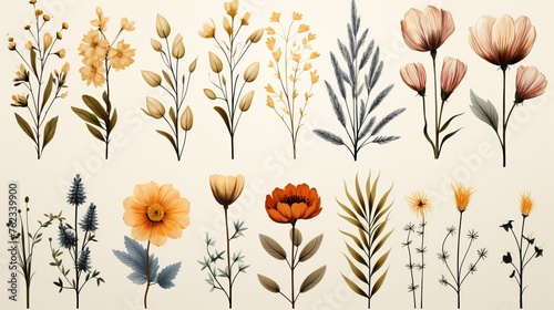 Collection of watercolor plants and flowers with poppies, cornflowers and cereals, made in delicate colors clipart Concept: art and nature, in botanical books and textbooks, flora and plant growing.