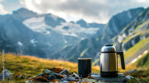 A mug and a thermos for a tourist on a background of mountains