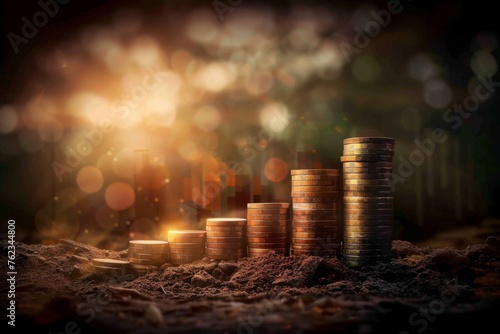 Coin stack growing investment money saving. Business finance target aim financial currency wealth economy insurance inflation growth concept. Financial Literacy Month, Retirement Planning Month