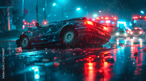 Conceptual visualisation of overturned car on wet road with approaching police car lights at night. 