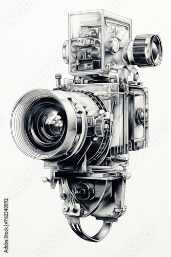 Detailed black and white drawing of a camera. Suitable for photography or technology concepts