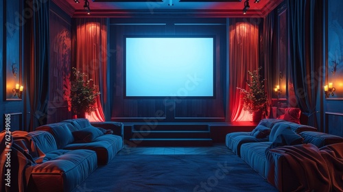 Private Luxury Home Cinema Room. Opulent home cinema with velvet drapes and a single, empty frame on the wall, offering a canvas for artistic expression