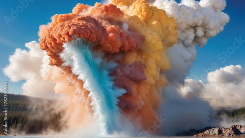 photorealistic close-up of an erupting geyser, with a powerful jet of water and steam shooting skyward, surrounded by colorful mineral deposits
