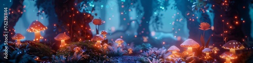 A 3D scene of a cute, mythical forest clearing where tiny, glowing creatures have a starlit feast with a banquet of miniature delicacies
