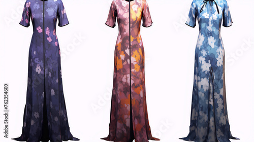 3D rendering of three floral maxi dresses in blue, pink and orange hues.