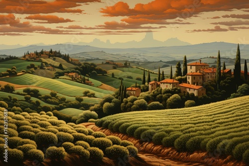 Lush Retro italian landscape view. House european. Generate Ai