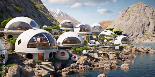 Futuristic utopian coastal community of geodesic dome homes rendered in 3D.