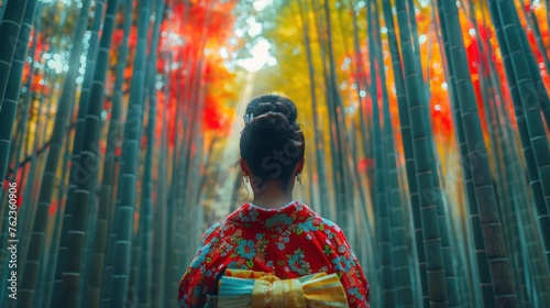 Asian woman wearing japanese traditional kimono at Bamboo Forest