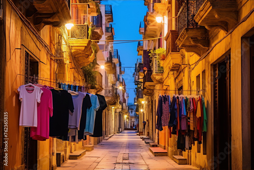 Clotheslines between buildings in a narrow street in an Italian town at night