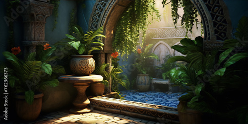 Courtyard oasis with Moorish architecture, plants, and sunlight