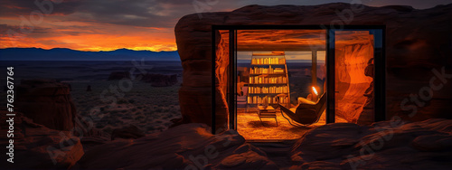 Futuristic cozy reading nook carved into a rock with a scenic desert landscape view at sunset in warm colors