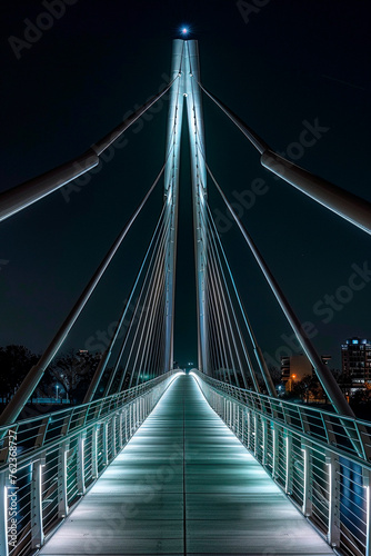 A bridge brilliantly lit up at night, casting a vibrant glow on the surrounding water and structures.