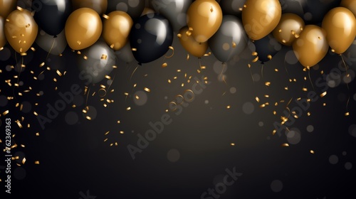 Happy birthday card with gold balloons and confetti isolated on black background with copy space.