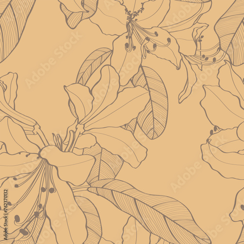 Seamless pattern with hand drawn rhododendron, azalea flowers. Line endless background. Botanical hand drawn contour illustration for greeting card, invitation, print, textil.