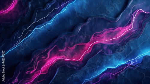 Dark grunge stone texture and purple blue glowing neon waves abstract background. Generative AI